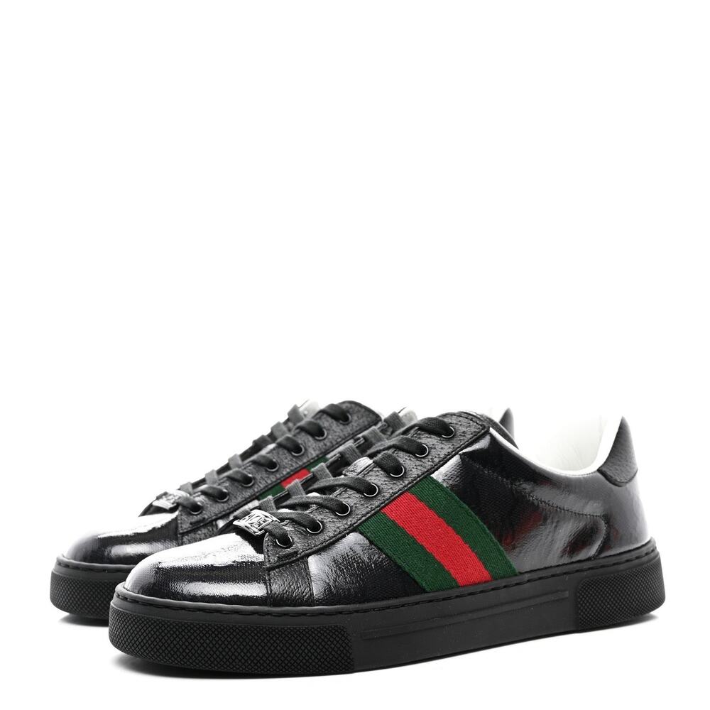GUCCI Black Men's Ace GG Crystal Canvas Patent Leather Sneakers Sz. 10 1/2